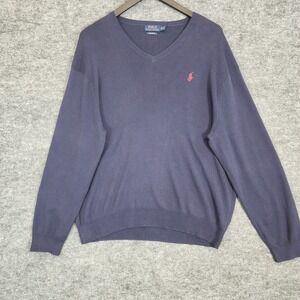 Polo Ralph Lauren Mens XXL V Neck Sweater Blue‎ Pima Cotton Jumper Knitwear